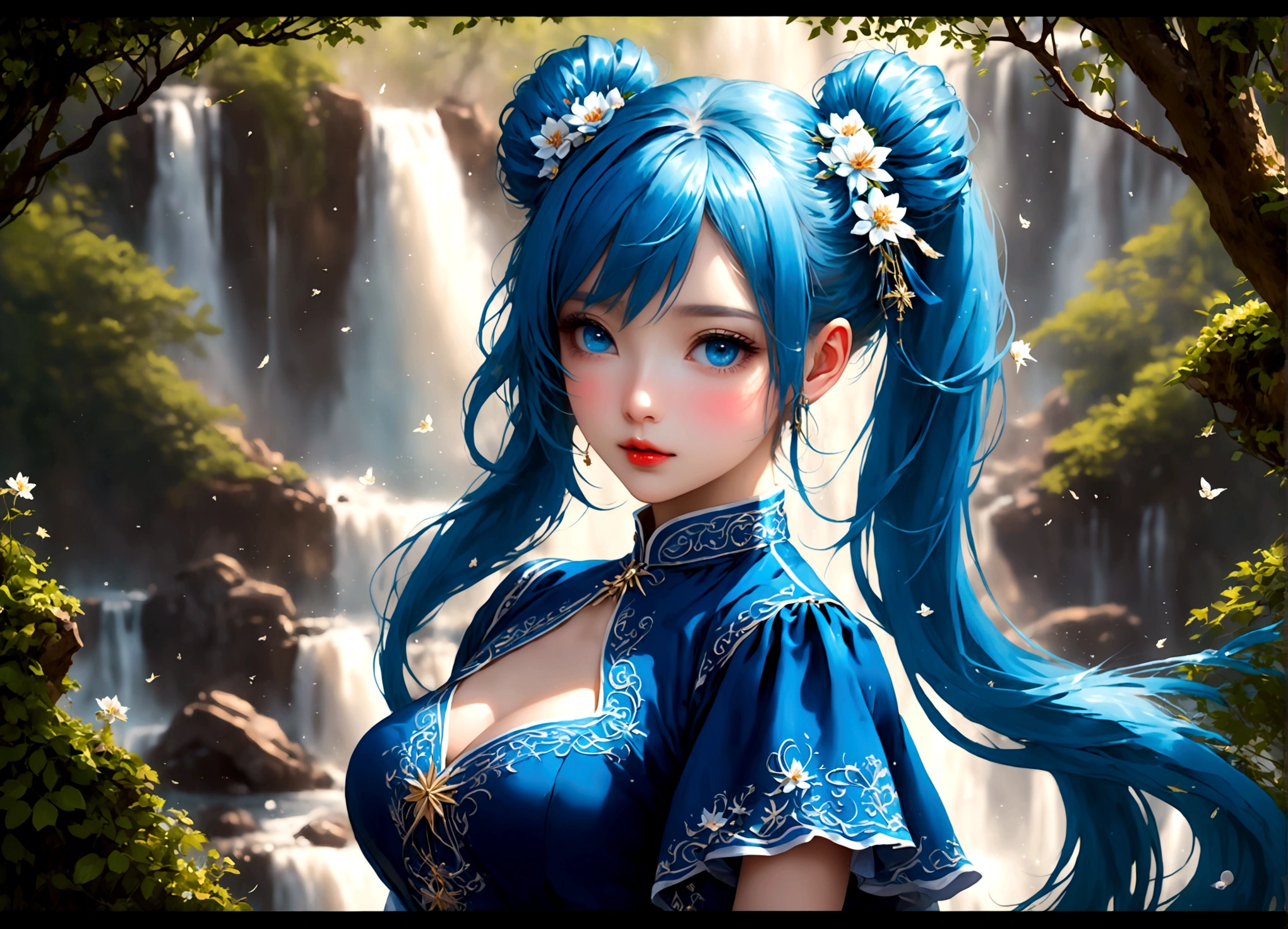 She was wearing a wide-sleeved, double-breasted shirt,White flowers embroidered on the dress,It's like a star in the night sky,There is a blue ribbon tied around the waist,It contrasts sharply with her clothes.,Eye-catching。Her twin ponytails flow like a waterfall,Gently fluttering in the breeze。Her blue eyes are deep and bright,Like the brightest star in the night sky,Reveals a fascinating sense of mystery。Her red lips are so beautiful,It's like a blooming flower,People can't help but want to kiss Fangze。Her face is beautiful,With a faint smile,Gives people a feeling of warmth。 a giant tree, giant tree,(masterpiece:1.2,best quality),(depth of field:1.6),(real picture intricate details),looking at viewer,standing,Portrait Of Stunningly Beautiful Girl,1girl,独奏,(big eyes), Ice Blue hair,short_twintails_Bunches, blue Lace dress,Her temperament is noble and elegant,As if he were a nobleman from a noble family.。Confidence and calm attitude give people an invisible charm。Her figure is slim and graceful,Like a carefully carved work of art。Light and smooth movements,Like a dancer in a dance,Every movement is full of life force and beauty.。