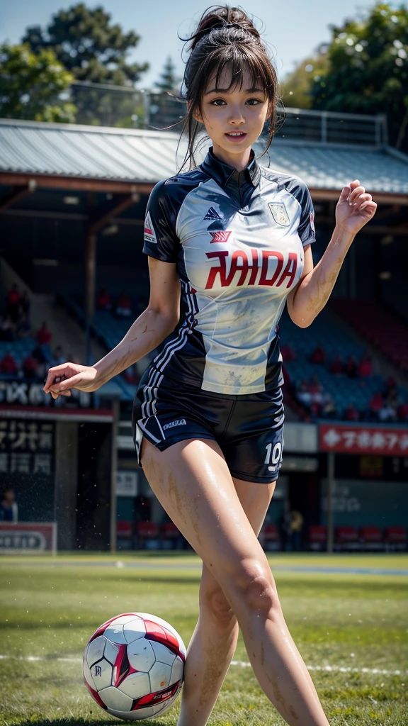 Highest quality, High resolution:1.2, Very detailed, Realistic:1.3, ((Beautiful woman))、((Super tight uniform))、((Big Breasts))、Vibrant colors, play soccer,((Blunt bangs))、Various Hair Styles、Different hair colors、With bangs、Wet Hair, concentrate, splash, Action Shots, Grass blotches, Muddy ground, Wet turf, decide, Fast-paced games, Athletic physique, Shiny soccer ball, Wet Uniform, raindrop, Blurred motion, ボールにconcentrateする, Intense competition, Skillful dribbling, Energetic play, Teamwork, powerful shoots, Wet pitch, Passionate sports, Fierce decide, Humid atmosphere, Fluid movement, emotional expression、Dramatic lighting, Women's Sports, Avid athletes, Exciting Games, Endure, Excited state, Speed and agility, Energetic play, 濡れたsplash、smile、Red Uniform