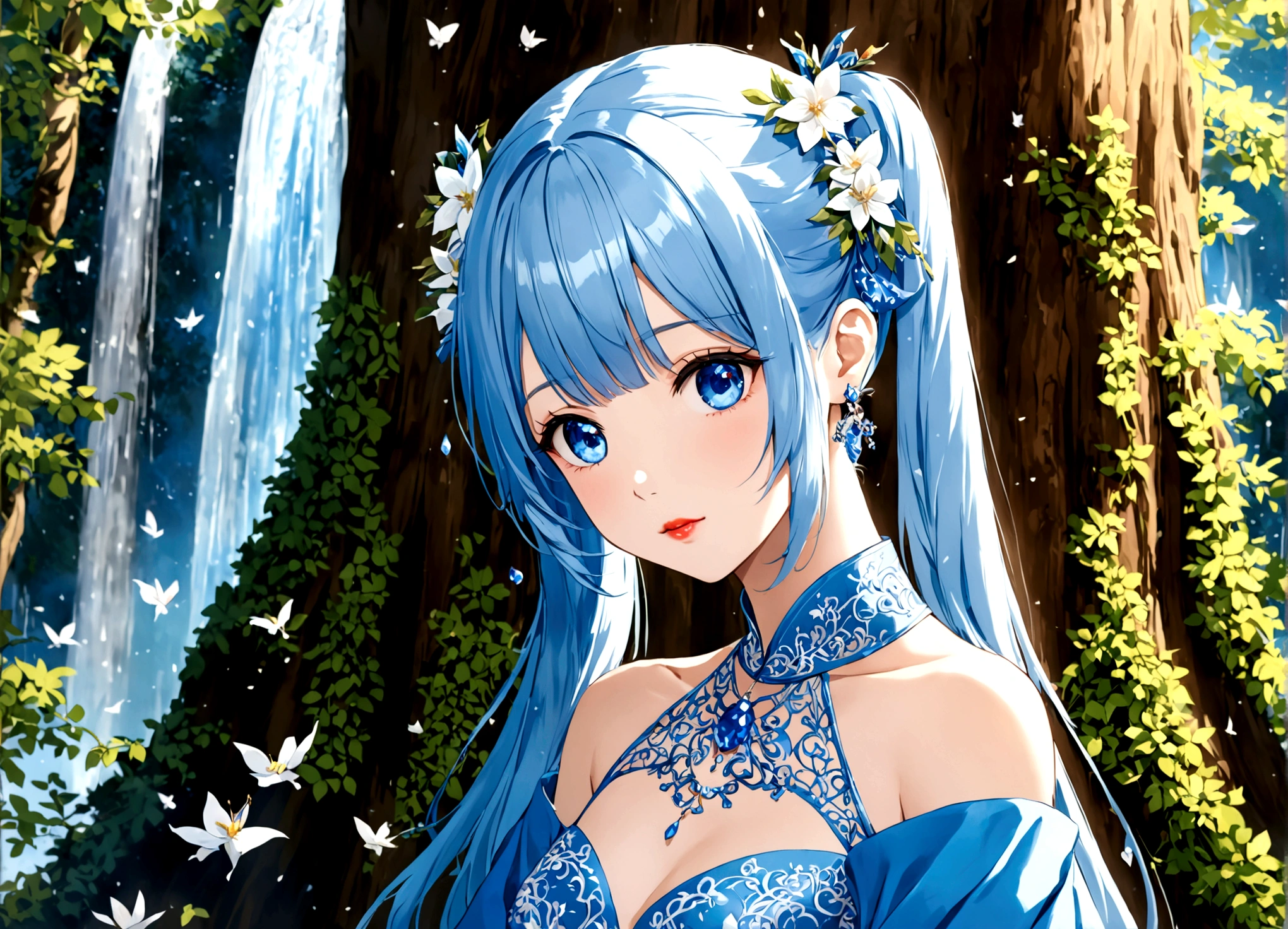 She was wearing a wide-sleeved, double-breasted shirt，White flowers embroidered on the dress，It's like a star in the night sky，There is a blue ribbon tied around the waist，It contrasts sharply with her clothes.，Eye-catching。Her twin ponytails flow like a waterfall，Gently fluttering in the breeze。Her blue eyes are deep and bright，Like the brightest star in the night sky，Reveals a fascinating sense of mystery。Her red lips are so beautiful，It's like a blooming flower，People can't help but want to kiss Fangze。Her face is beautiful，With a faint smile，Gives people a feeling of warmth。 a giant tree, giant tree,(masterpiece:1.2,best quality),(depth of field:1.6),(real picture intricate details),looking at viewer,standing,Portrait Of Stunningly Beautiful Girl,1girl,独奏,(big eyes), Ice Blue hair,short_twintails_Bunches, blue Lace dress,Her temperament is noble and elegant，As if he were a nobleman from a noble family.。Confidence and calm attitude give people an invisible charm。Her figure is slim and graceful，Like a carefully carved work of art。Light and smooth movements，Like a dancer in a dance，Every movement is full of life force and beauty.。