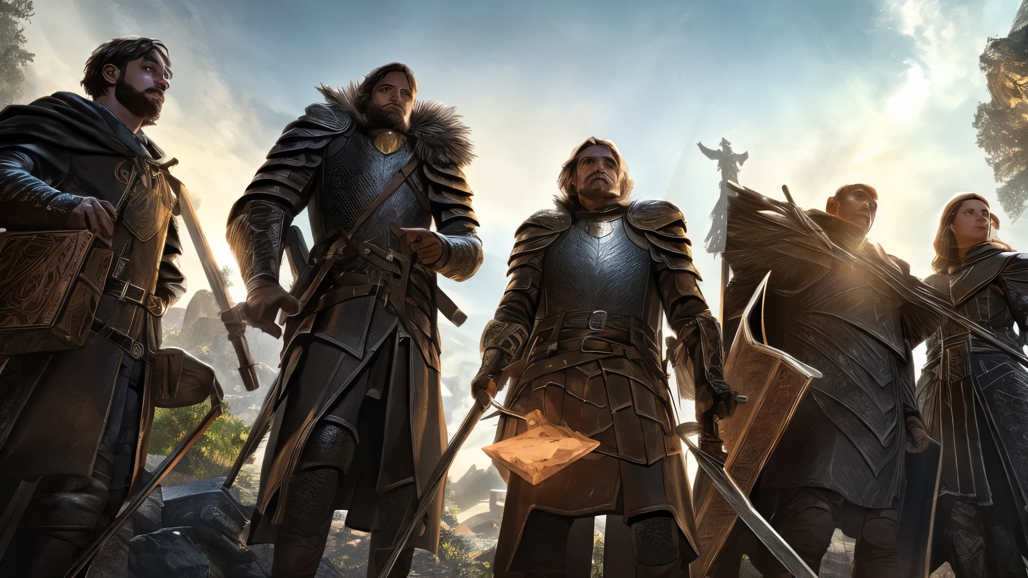 a knight, a ranger, a cleric, and a wizard exploring through a dark dungeon.