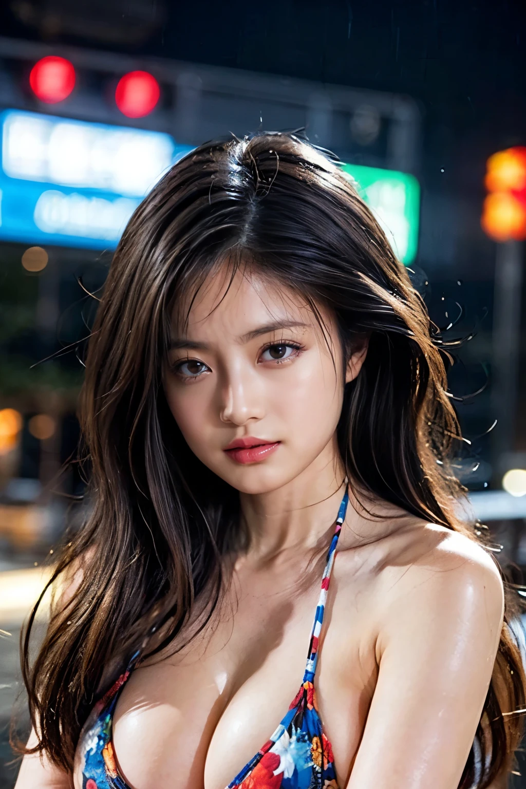 masterpiece, high quality,16K,8K,beautiful,Get used to it,Exquisite,extremely Get used to it, finely Get used to it, high quality, insanely Get used to it, ultra Get used to it, Ultra-high resolution, high quality, beautiful face, Japanese, Browsing Caution,(Micro Bikini:1.3),Wet,She is short,(Obscene pose,Accentuate your cleavage:1.5), Illuminated by the neon lights of a busy downtown area on a rainy night.,Shiny skin,Detail Skin,It gives me goosebumps,Lewd face,(upper_body:1.3)