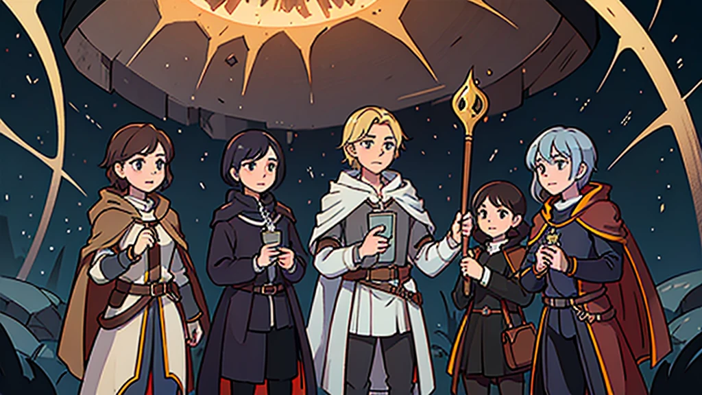 a knight, a ranger, a cleric, and a wizard exploring through a dark dungeon.