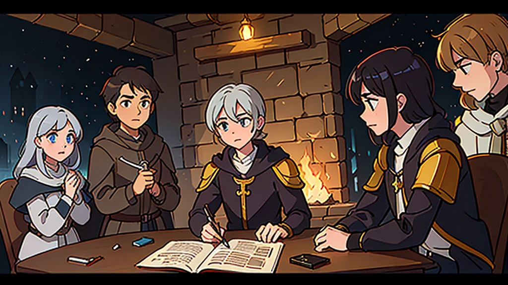 a knight, a ranger, a cleric, and a wizard exploring through a dark dungeon.
