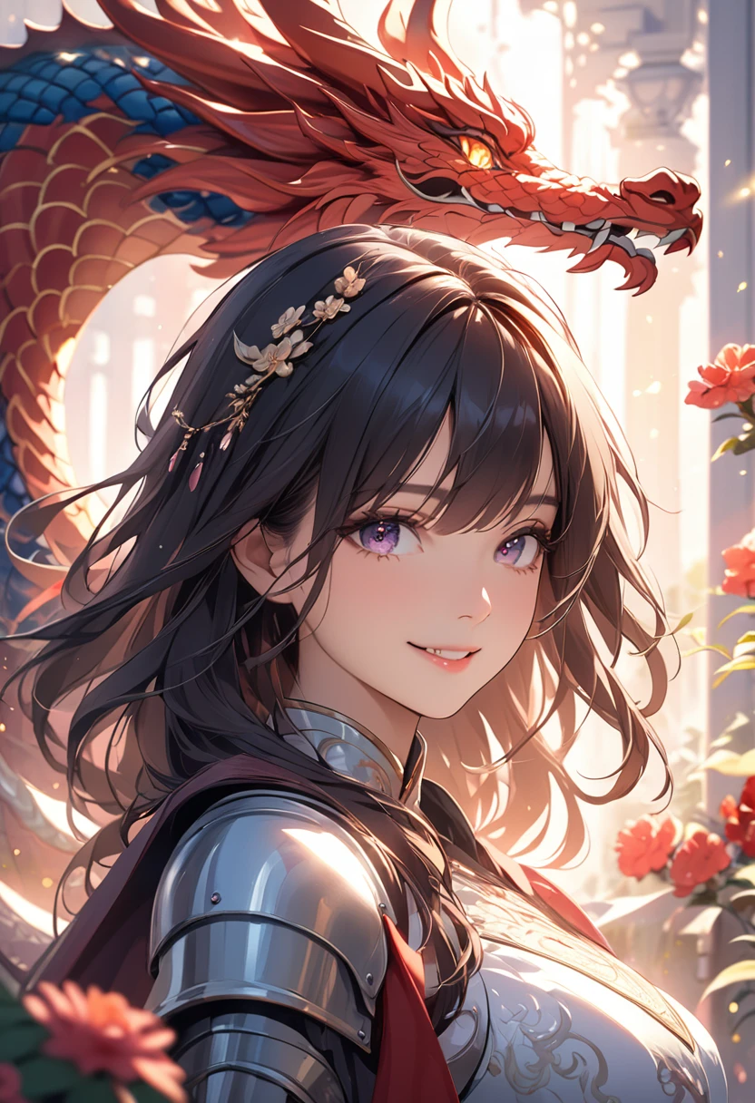 (masterpiece:1.5),(Beat quality),(high res),1girl solo,beautiful face,smile(shining eyes),upper body,light effects,knight woman,Oriental Dragon,Many flowers in the background