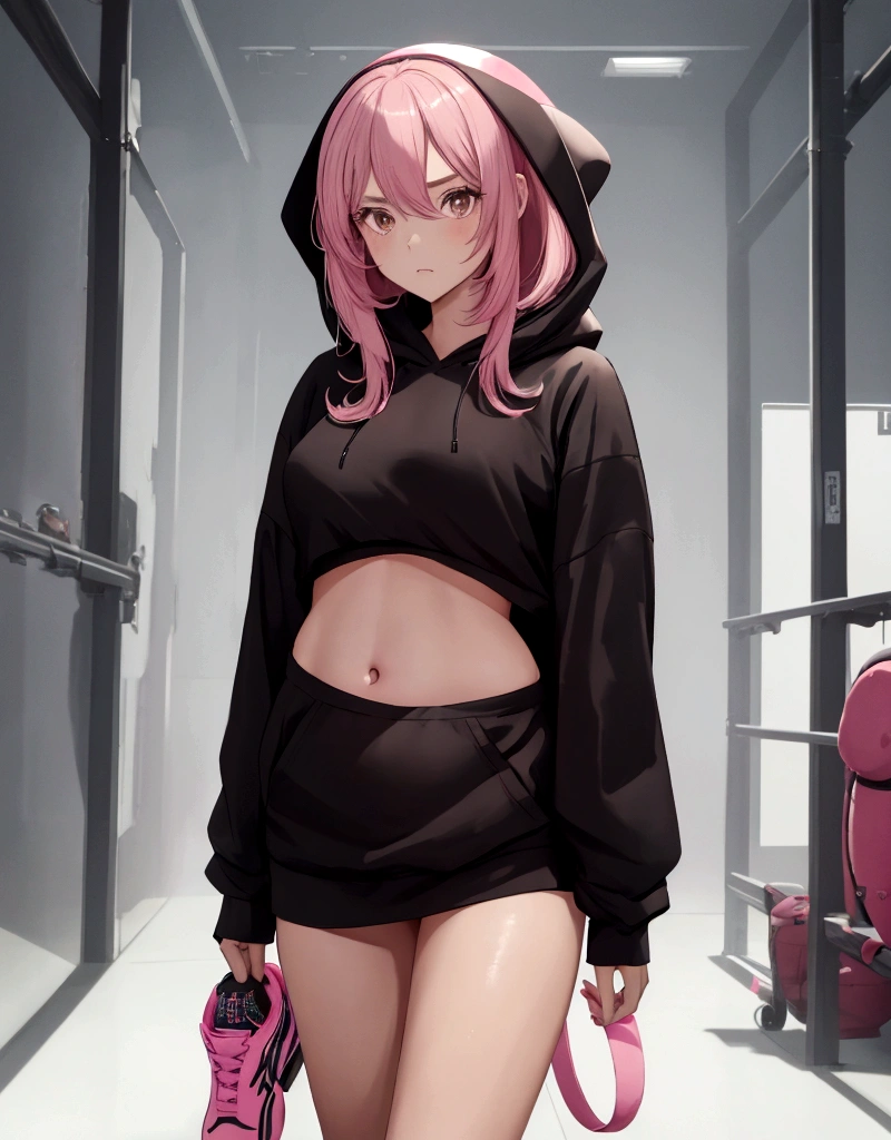 1 girl,tall,black hoodie,black shirt,belly vissible,legs vissible,pink shoes,long pink hair,brown eyes,pink shoes,huge ,looking at viewer,8K