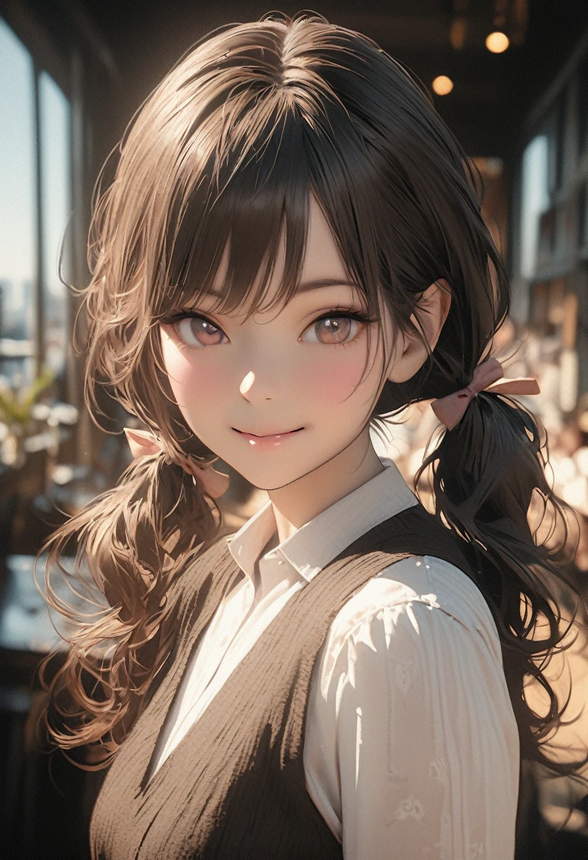 Girl,Smile,Double ponytails,close up,Bow,Photo effects,Graininess,8K,Hyperrealism,Ultra-clear,masterpiece,