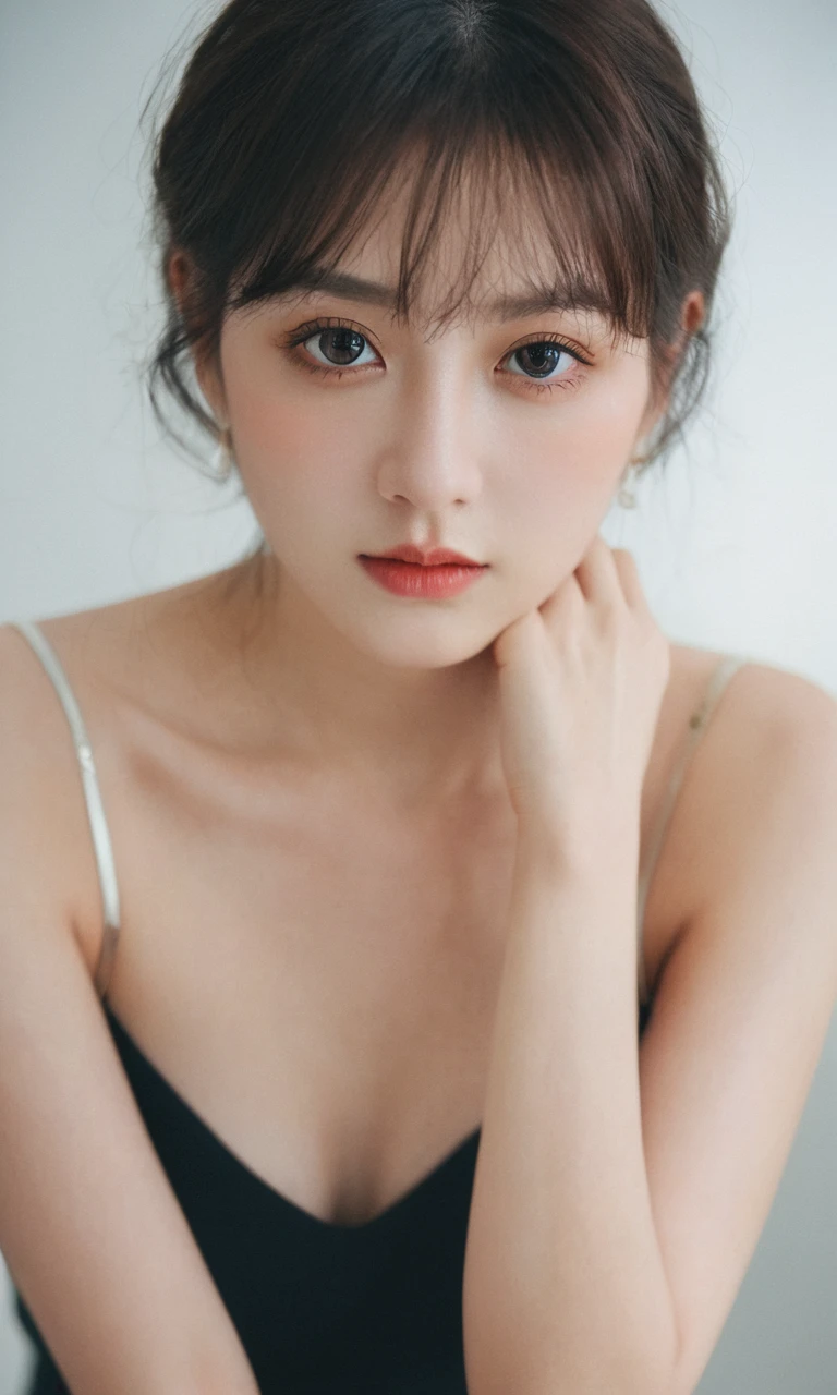 xxmixgirl, Analog Style, Eye focus, Highest quality, (Very detailed skin), Exquisitely beautiful white skin photos, 21 years old, Perfect Face, Captivating eyes, (Seductive makeup: 1.3), Skin pores, (Bokeh:1.5), Sharp focus, Dappled Lighting, (Backlight), Film Grain, (Very detailed, Exquisitely crafted), 8K, High resolution, Front view, Studio Light, Very detailed顔, Fine grain, (double eyelid: 1.4), Aristogle, Brown eyes, (commercial: 1.6), (Seductive makeup), ((White studio background))