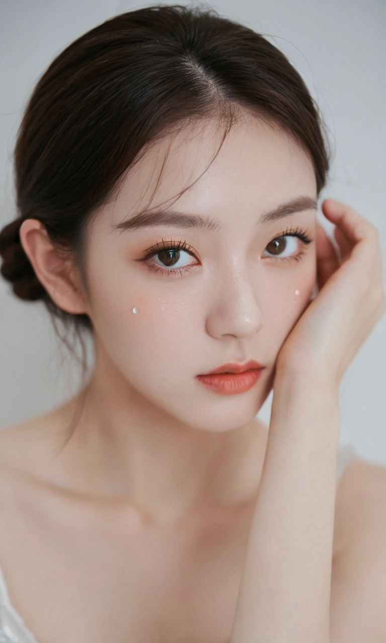 xxmixgirl, Analog Style, Eye focus, Highest quality, (Very detailed skin), Exquisitely beautiful white skin photos, 21 years old, Perfect Face, Captivating eyes, (Seductive makeup: 1.3), Skin pores, (Bokeh:1.5), Sharp focus, Dappled Lighting, (Backlight), Film Grain, (Very detailed, Exquisitely crafted), 8K, High resolution, Front view, Studio Light, Very detailed顔, Fine grain, (double eyelid: 1.4), Aristogle, Brown eyes, (commercial: 1.6), (Seductive makeup), ((White studio background))