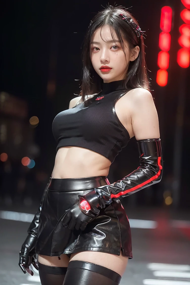 (finely detailed beautiful Red Eyes and detailed face,masterpiece sidelighting,masterpiece,best quality,detailed,High resolution illustrations),(urban tech wear, Cybernetic background, sunshine city),(1 Girl,whole body,beautiful girl,Glowing skin,look down,Looking at the audience),(Black Hair,Red Eyes,tights,tight leather skirt,Showing belly,No underwear)