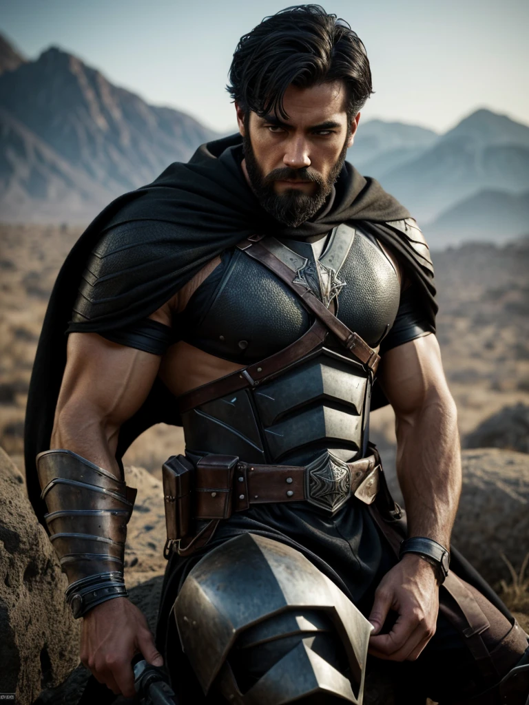 1 men, handsome american man, focus only, 25 years old, toned body, beard just on the chin, medium black hair, intricate assassin costume, with a black cape on one shoulder, with some broken armor pieces, Lean and muscular body, dark shaped eyes, sitting on a rock drinking water from a gallon, work of art, ultra HD, 8K detalhes insanos, realisitic, face detailed, Detailed texture skin, nblurry background, wasteland, 8K, cinematic lighting.