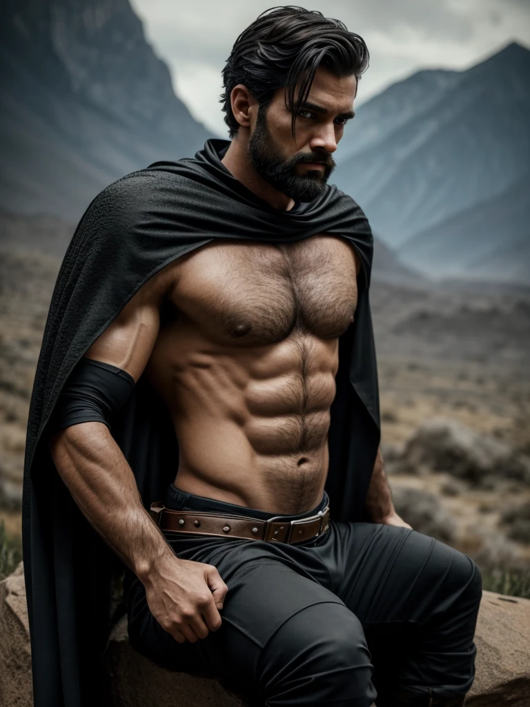 1 men, handsome american man, focus only, 25 years old, toned body, beard just on the chin, medium black hair, intricate assassin costume, with a black cape on one shoulder, with some broken armor pieces, Lean and muscular body, dark shaped eyes, sitting on a rock drinking water from a gallon, work of art, ultra HD, 8K detalhes insanos, realisitic, face detailed, Detailed texture skin, nblurry background, wasteland, 8K, cinematic lighting.