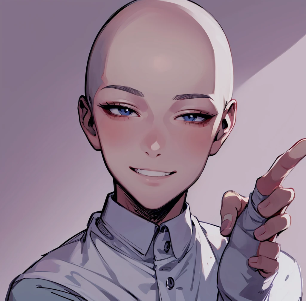 drawing of a bald man with a smile on his face, detailed anime soft face, portrait of pretty man, flat anime style shading, clean anime outlines, elegant smiling pose, ((wink smile expression)), face anime portrait, attractive, high detailed face anime, detailed anime face, dramatic smiling pose, seinen manga portrait, anime style portrait, peace pose, peace sign, two fingers gesture