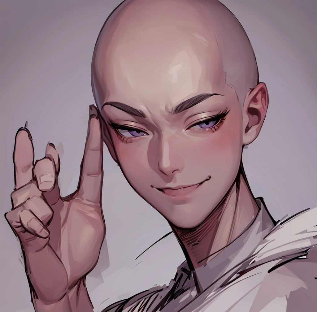 drawing of a bald man with a smile on his face, detailed anime soft face, portrait of pretty man, flat anime style shading, clean anime outlines, elegant smiling pose, ((wink smile expression)), face anime portrait, attractive, high detailed face anime, detailed anime face, dramatic smiling pose, seinen manga portrait, anime style portrait, peace pose, peace sign, two fingers gesture