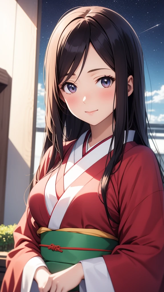 anime, 1 woman, 20 years old, Black Hair, Orihime,kimono,milky way,Starry Sky