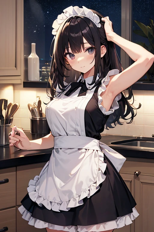 A maid, (in kitchen), various hair styles, night, details face, short skirt, seducing, sleeveless, maid uniform, armpits,