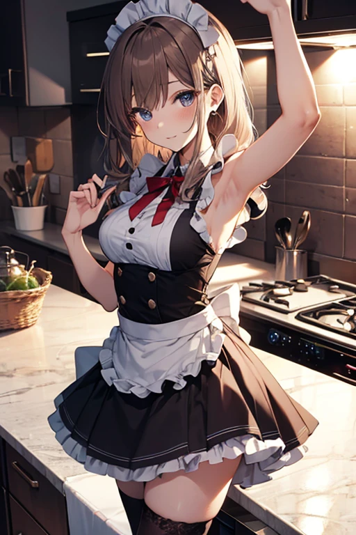 A maid, (in kitchen), various hair styles, night, details face, short skirt, seducing, sleeveless, maid uniform, armpits,