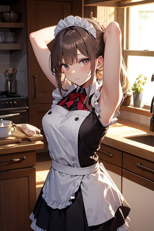 A maid, (in kitchen), various hair styles, night, details face, short skirt, seducing, sleeveless, maid uniform, armpits,
