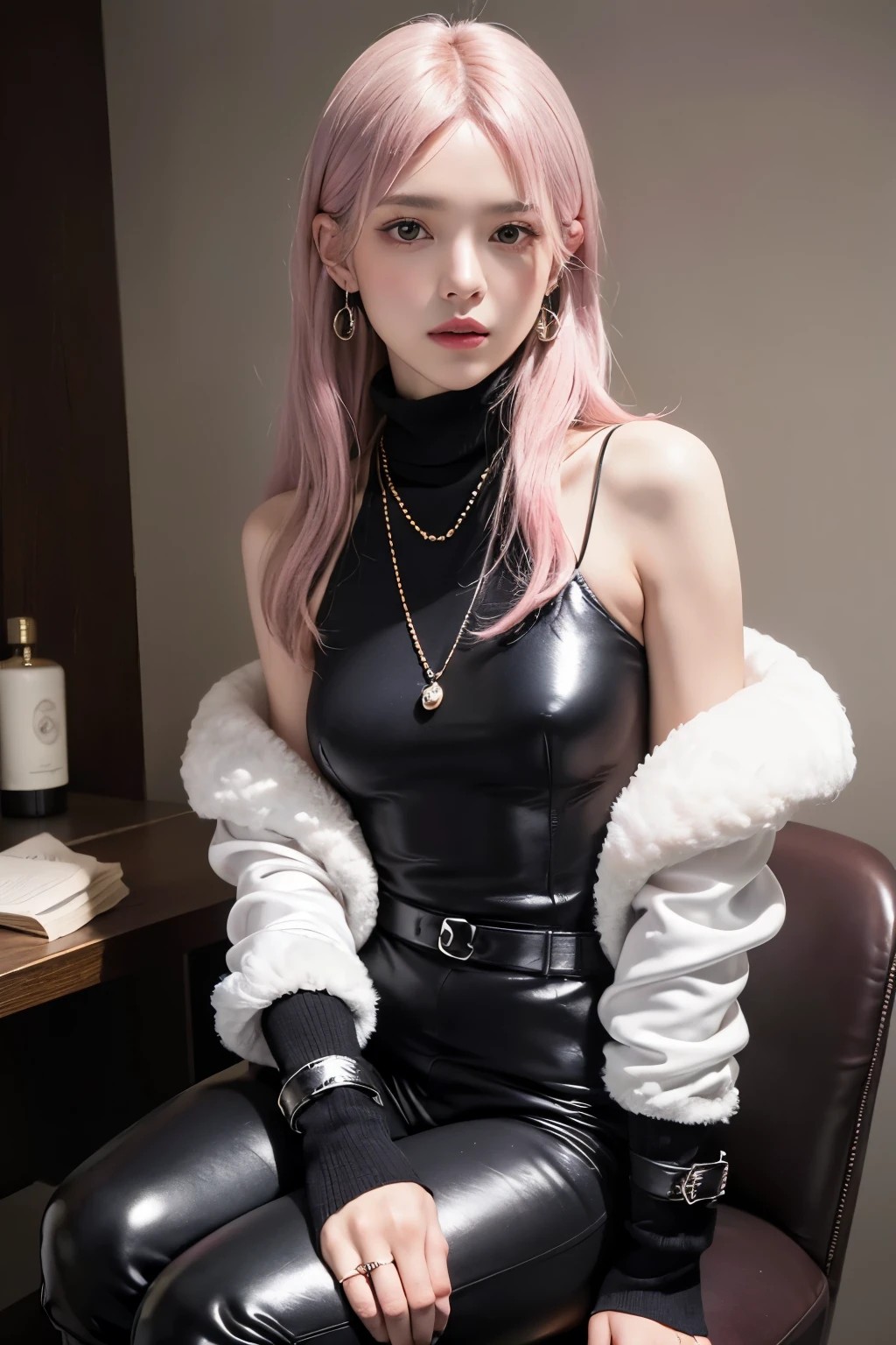(8K, top-quality, masterpiece:1.2), (reallistic, Photorealsitic:1.37), Super Detail, One girl,), (Highly detailed), (beautifully detailed eyes), (of the highest quality), (super detailed ), (masterpiece), (Detailed face),20yr old, ,1 girl, ((pink hair,long hair)), medium breasts, clothed, Perfect Lighting, BREAK, (monotone color:1.2), (black, white, gray, silver, gold:1.2), (royal blue, wine red:1.1), (simple pattern:1.1), (shiny pattern:1.1), (shiny material:1.2), (satin, silk, velvet, leather:1.2), (warm material:1.2), (cashmere, wool, fur:1.2), (glossy tight down jacket:1.2), (tight waist:1.2), (camisole, slip dress:1.2), (silk, satin:1.2), (top:1.2), (turtleneck, high-neck knitwear:1.2), (cashmere, wool:1.2), (tight silhouette:1.2), (frills, ribbons:1.2), (bottoms:1.2), (skinny pants:1.2), (boots:1.2), (long boots, short boots:1.2), (black, silver:1.2), (accessories:1.2), (pearl, crystal:1.2), (necklace, earrings:1.2), (gold, silver:1.2), (bracelet, ring:1.2), BRAKE, (upper body to thighs:1.2), (long pink hair:1.2), (mysterious expression:1.2), (facing front:1.2), (hands in pockets:1.2), (snowy night scene:1.2), (contrast lighting:1.2), BRAKE