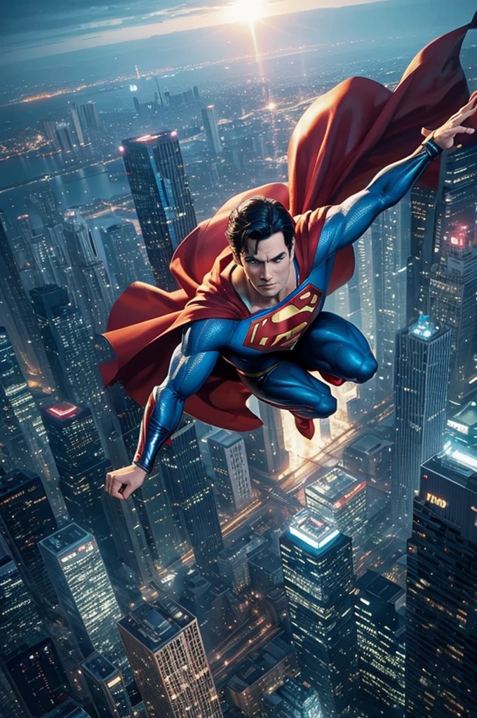 Superman flying over Metropolis patrolling the city