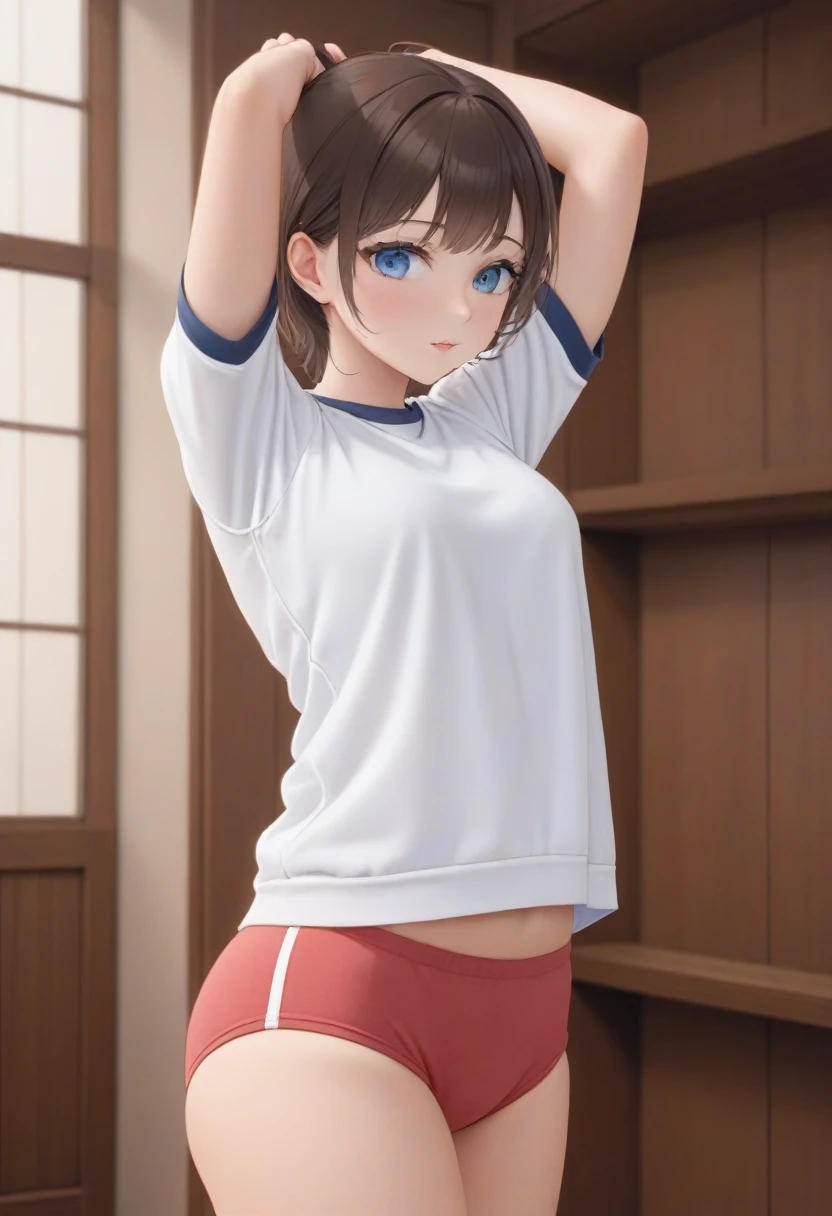 masterpiece, high quality, Nothing there, Small breasts, One Girl, Are standing, stop temporarily, stop temporarily, Gym Wear, Gym suit, Bloomersショーツ, Bloomers, whole body, shirt, Side view, blue eyes, Realistic