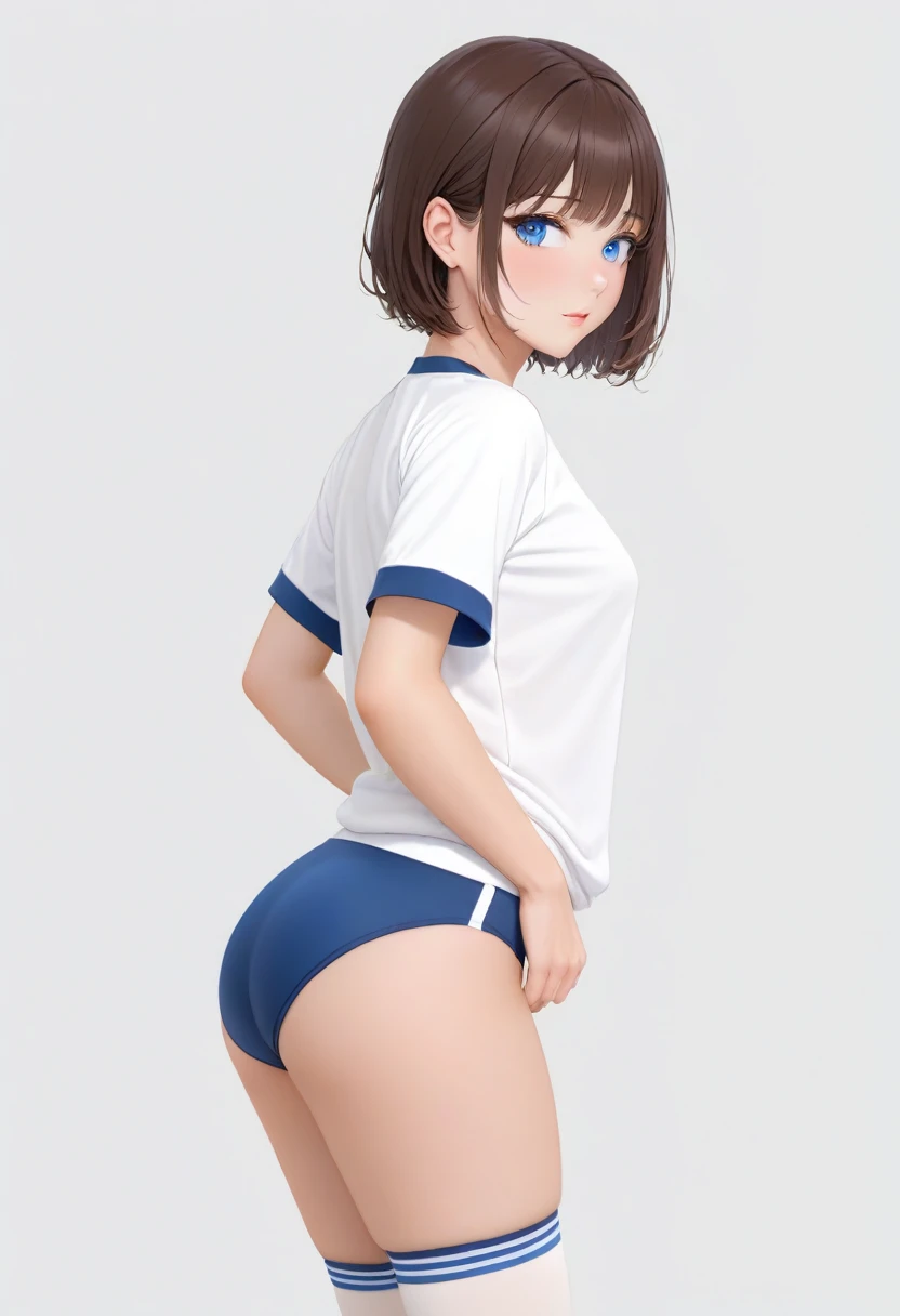 masterpiece, high quality, Nothing there, Small breasts, One Girl, Are standing, stop temporarily, stop temporarily, Gym Wear, Gym suit, Bloomersショーツ, Bloomers,  whole body, shirt, Side view, blue eyes, Realistic