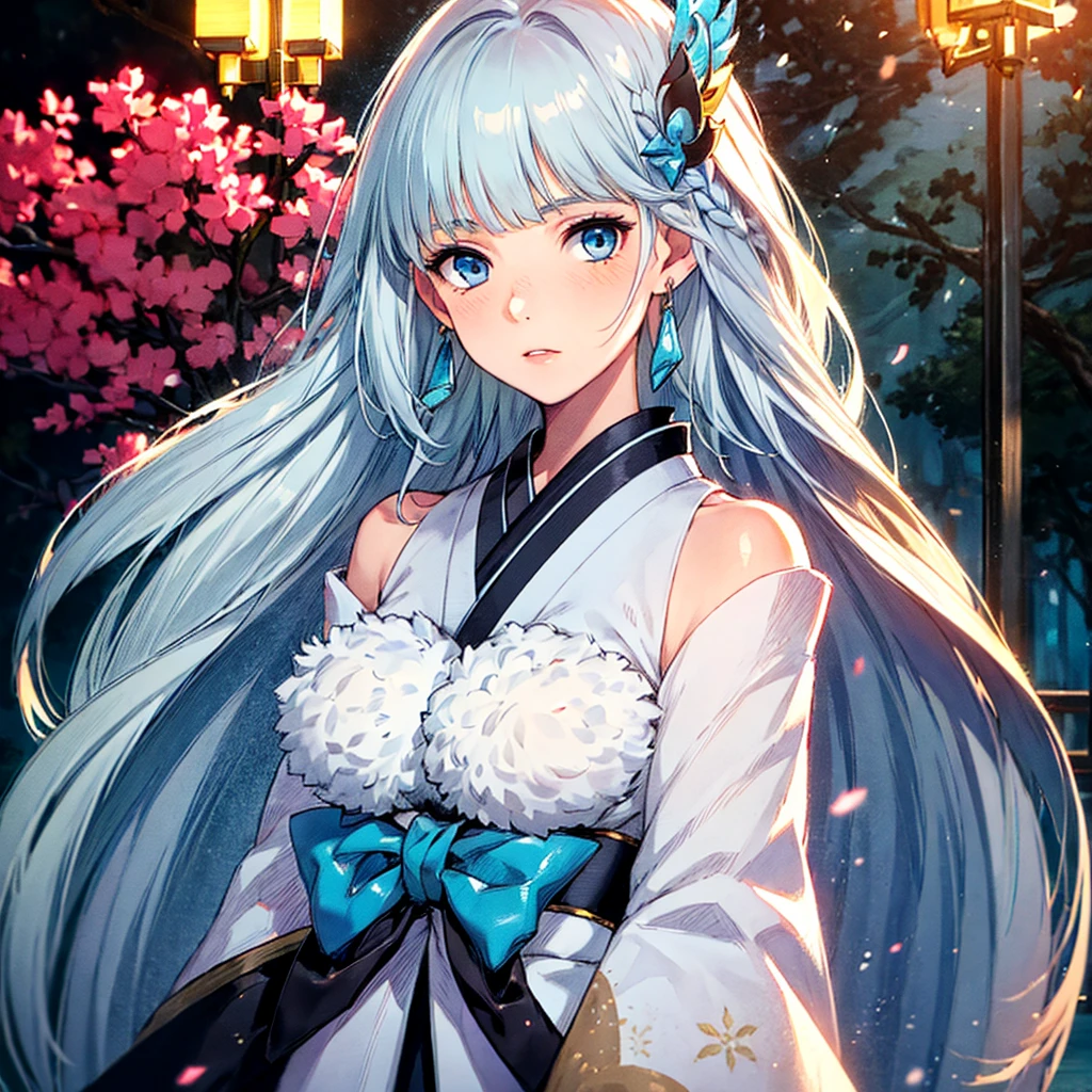 (Best quality, 4K, 8K, A high resolution, Masterpiece:1.2), Ultra-detailed,  Exquisite facial features， Graceful posture, Dreamy atmosphere, expressive brush strokes, mystical ambiance, Artistic interpretation,，Fantasy illustration, Subtle colors and tones, The details have been upgraded, Yuki Onna, 1girl, japanese kimono, bare shoulder, light blue hair, extremely long hair, blue eyes, hair ornament, blue ribbon, blue earring, medium chest