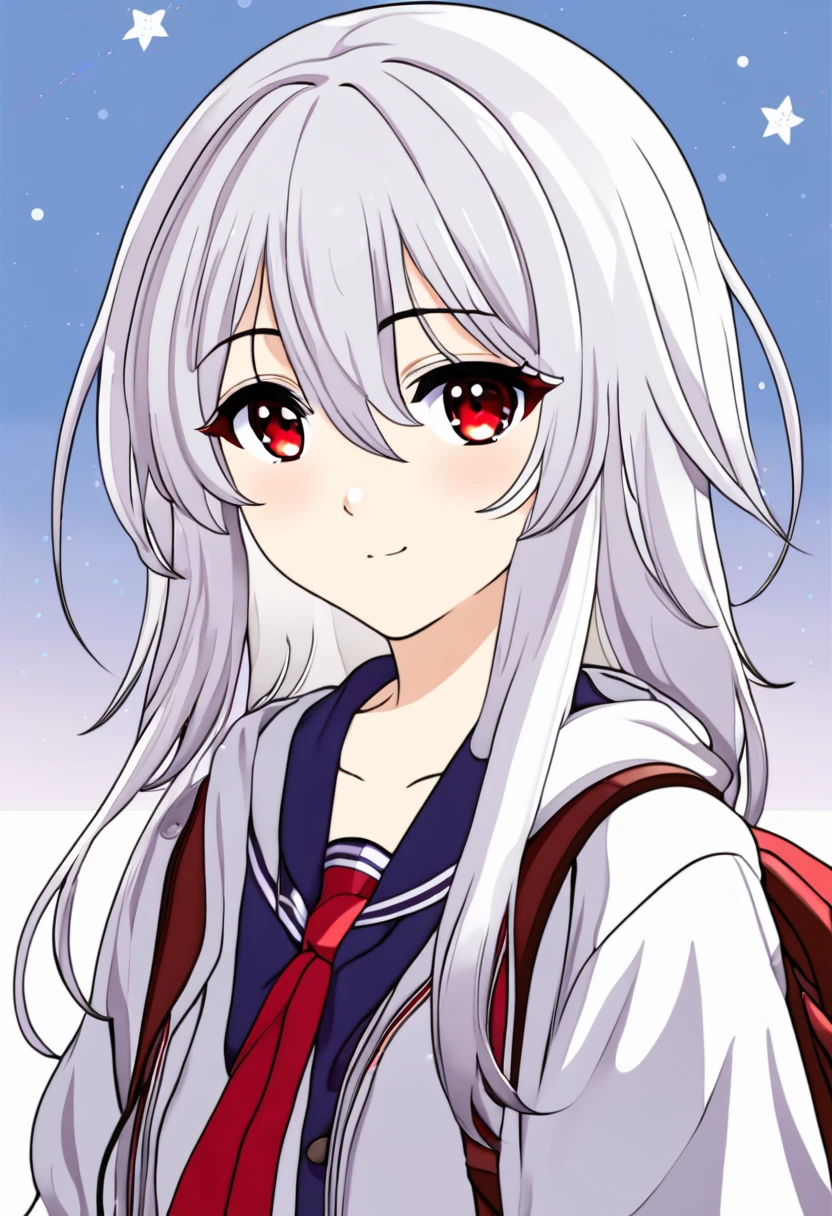 Create a cute tsundere with white hair and red streaks in high school outfit