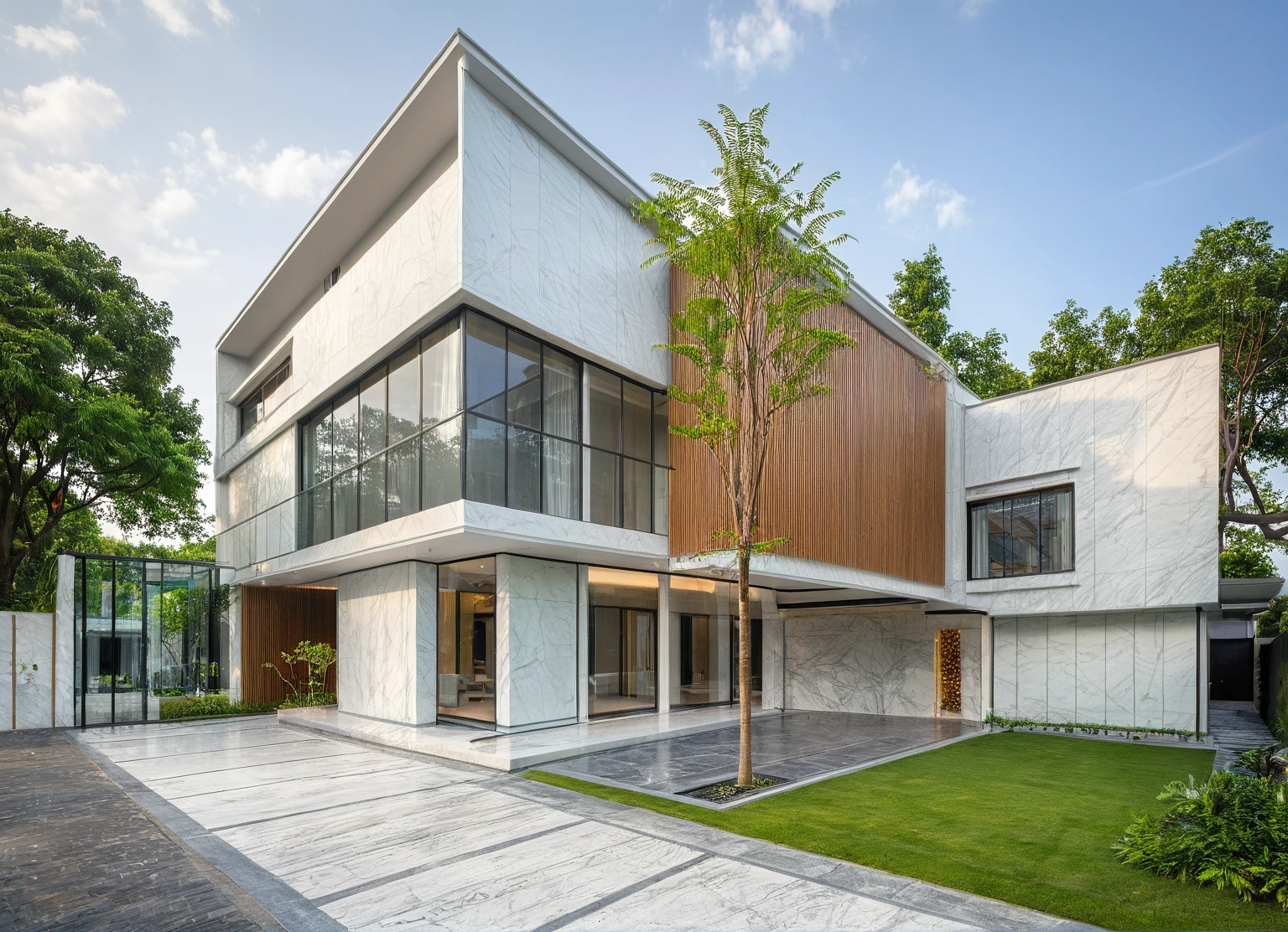 modern villa on street, (daylight), tropical tree, vivid colour, streetcapes, white tone, white wall, large glass door, warm interior lighting, wood and marble, best quality, 17ArchiAI_XL_VL-v1
