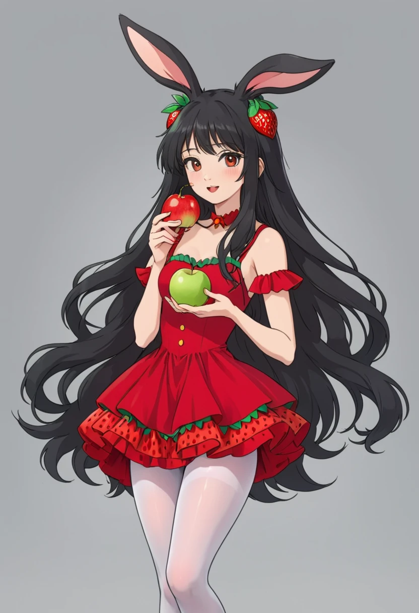 1girl,animal ears,apple,black hair,cherry,dress,food,fruit,gradient,gradient background,grey background,holding food,holding fruit,long hair,pantyhose,rabbit ears,red apple,solo,strawberry,very long hair,white legwear