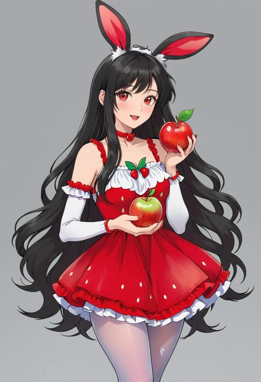 1girl,animal ears,apple,black hair,cherry,dress,food,fruit,gradient,gradient background,grey background,holding food,holding fruit,long hair,pantyhose,rabbit ears,red apple,solo,strawberry,very long hair,white legwear