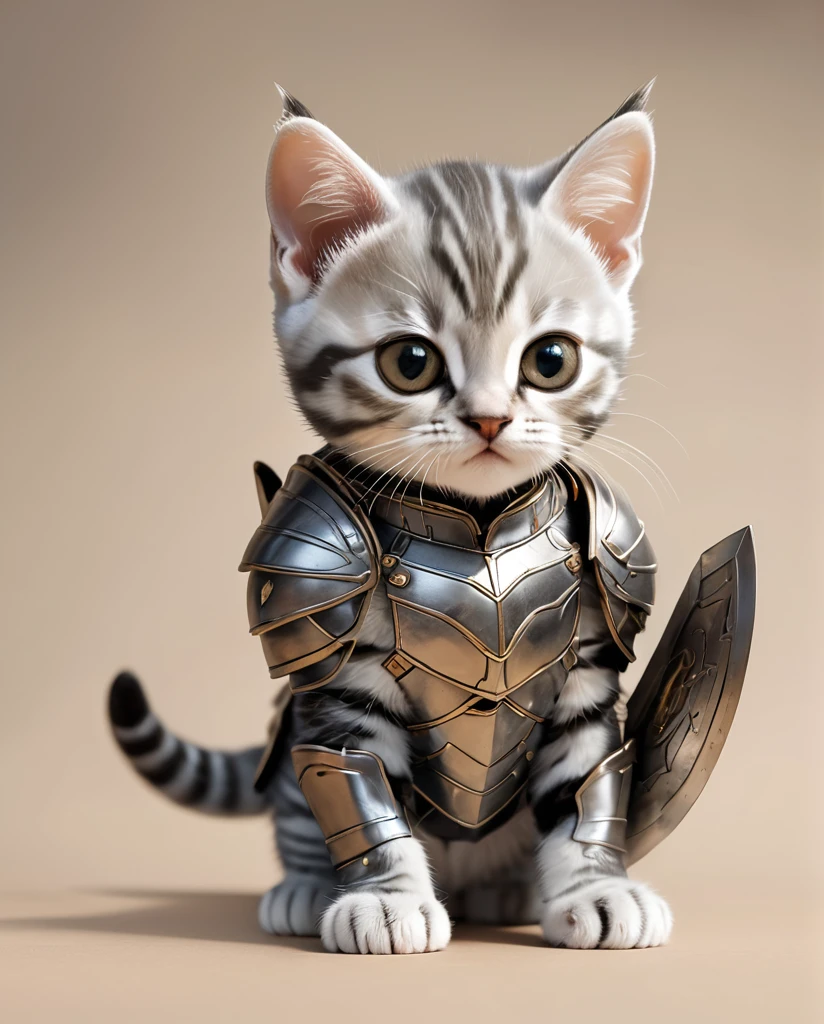 High-detail images American Shorthair Kitten Warrior Wearing armor Full Body Shot Looking straight at me