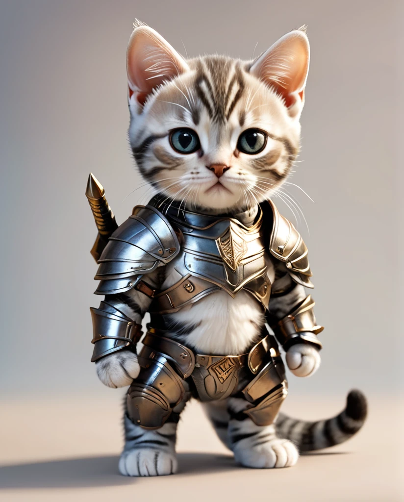 High-detail images American Shorthair Kitten Warrior Wearing armor Full Body Shot Looking straight at me