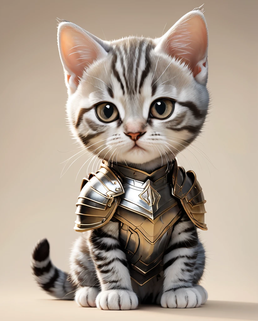 High-detail images American Shorthair Kitten Warrior Wearing armor Full Body Shot Looking straight at me