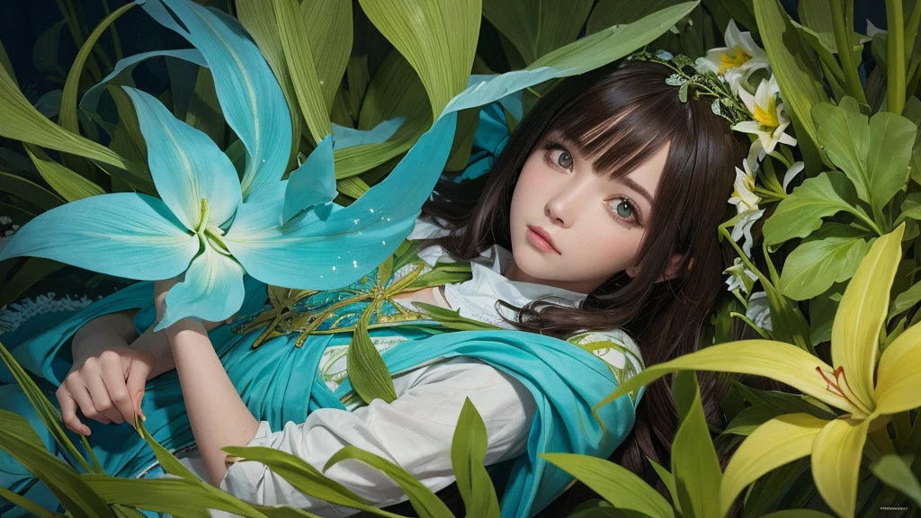 32k, Masterpiece, Highest quality, One girl, Brown Hair, Detailed eyes, flower,Amaryllis, Blue and green style,A dreamy, romantic piece,Pale yellow, Mysterious Leaves,A playful arrangement,Fantasy,High Contrast,Ink strokes,explosion,Exposure, Impression of blue and green tones,Abstract, Brush strokes,Negative Space, Tyndall effect
