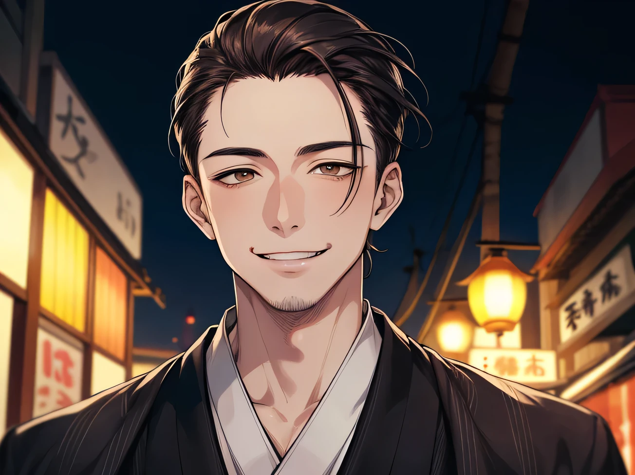 hair slicked back,masterpiece,Dynamic Angle,Face close-up,Angle from below,male, (29-year-old),(male1 person)、Izakaya shop owner,alone,Adult,A gentle smile,Excited,Brown Hair,(Droopy eyes),Lewd Eyes,Black suit,(kimono),,smile,Izakaya,night