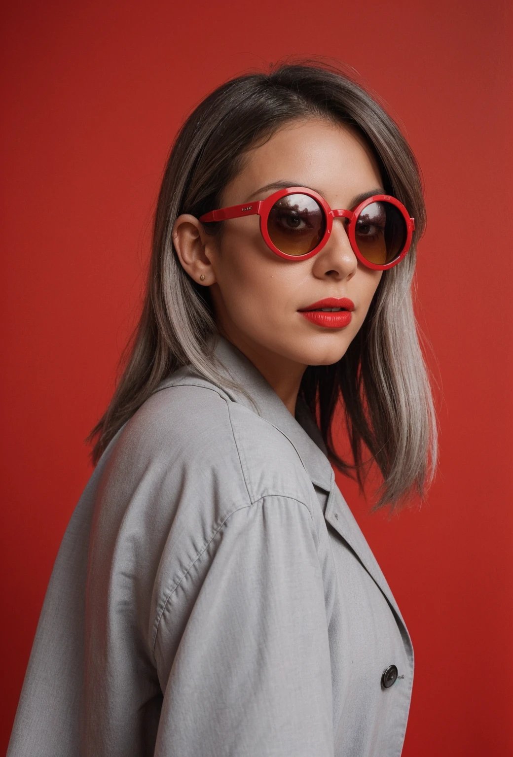 A striking photograph features an elegant older woman with long, flowing gray hair, she wears futuristic, reflective sunglasses and bold red lipstick, dressed in a vibrant red outfit that blends seamlessly with the intense red background, she holds a hot dog adorned with ketchup and mustard, presenting it confidently to the camera, the overall aesthetic is bold and vivid, emphasizing strong contrasts and a sense of sophistication mixed with casualness, the lighting is bright and even, highlighting the details in her hair and the texture of the hot dog, camera settings include an 85mm f/1.4 lens, aperture set at f/2.8 for a shallow depth of field, shutter speed at 1/125 seconds to capture sharp details, ISO set at 100 for minimal noise and maximum color accuracy, lighting involves a softbox on the right side for even, soft light distribution, the background is a solid red backdrop to create a seamless look, post-processing includes enhanced contrast and saturation to emphasize the bold colors and details.
