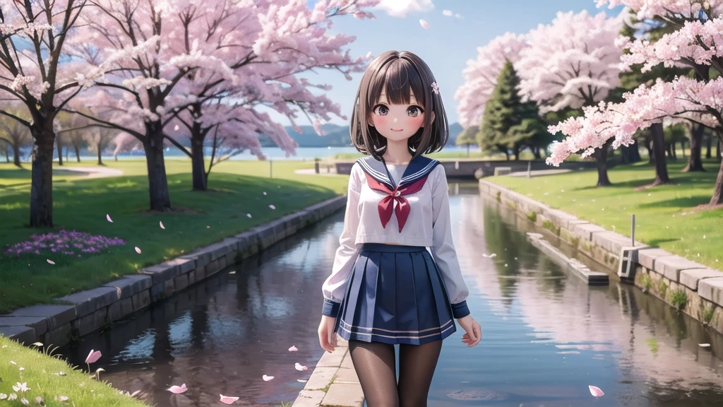 (masterpiece), Outdoor, cherry blossoms, petal, sunlight, lake, One Girl, blush, smile, Medium Hair, Sailor suit,Long skirt, Overgrown, petal, plant、Skirt lining、White slip、nostalgic、pantyhose(gray)、You can see the sea in the distance, Crotch close-up