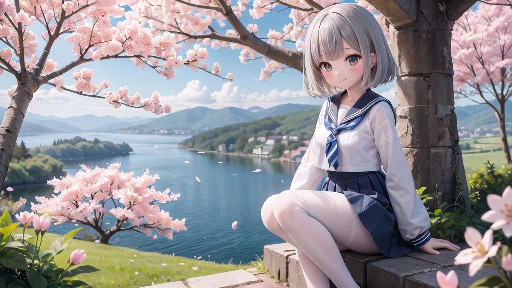 (masterpiece),  Outdoor,  cherry blossoms,  petal,  sunlight,  lake,  One Girl,  blush,  smile,  Medium Hair,  Sailor suit,Long skirt, Overgrown, petal, plant、Skirt lining、White slip、nostalgic、pantyhose（gray）、You can see the sea in the distance, Crotch close-up