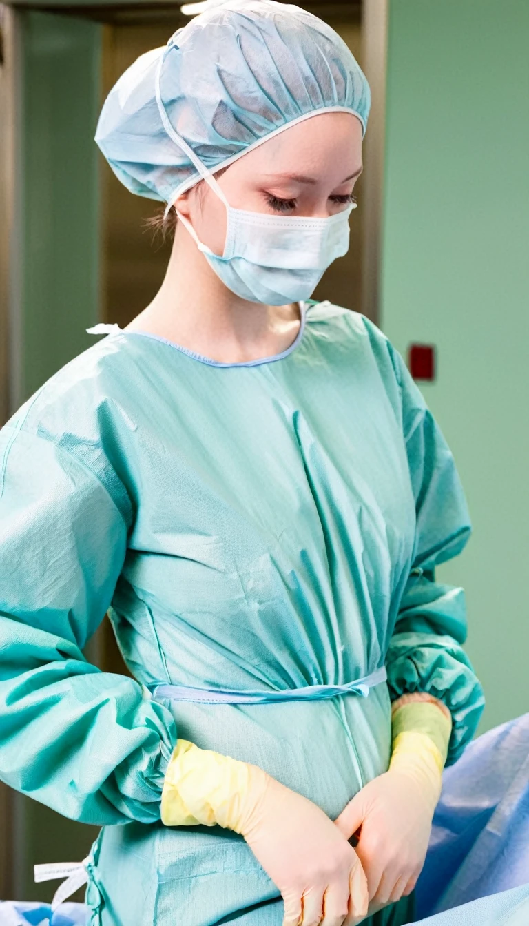 score_9, score_8_up, score_7_up, masterpiece, highest quality, pale skin, shy eyes, cover the ears, big breasts, surgical mask, surgical cap, long sleeve surgical gown, pregnant with big belly,
1 girl, pregnant, solo, rubber gloves, frown, standing, in one hospital, in the operating room,