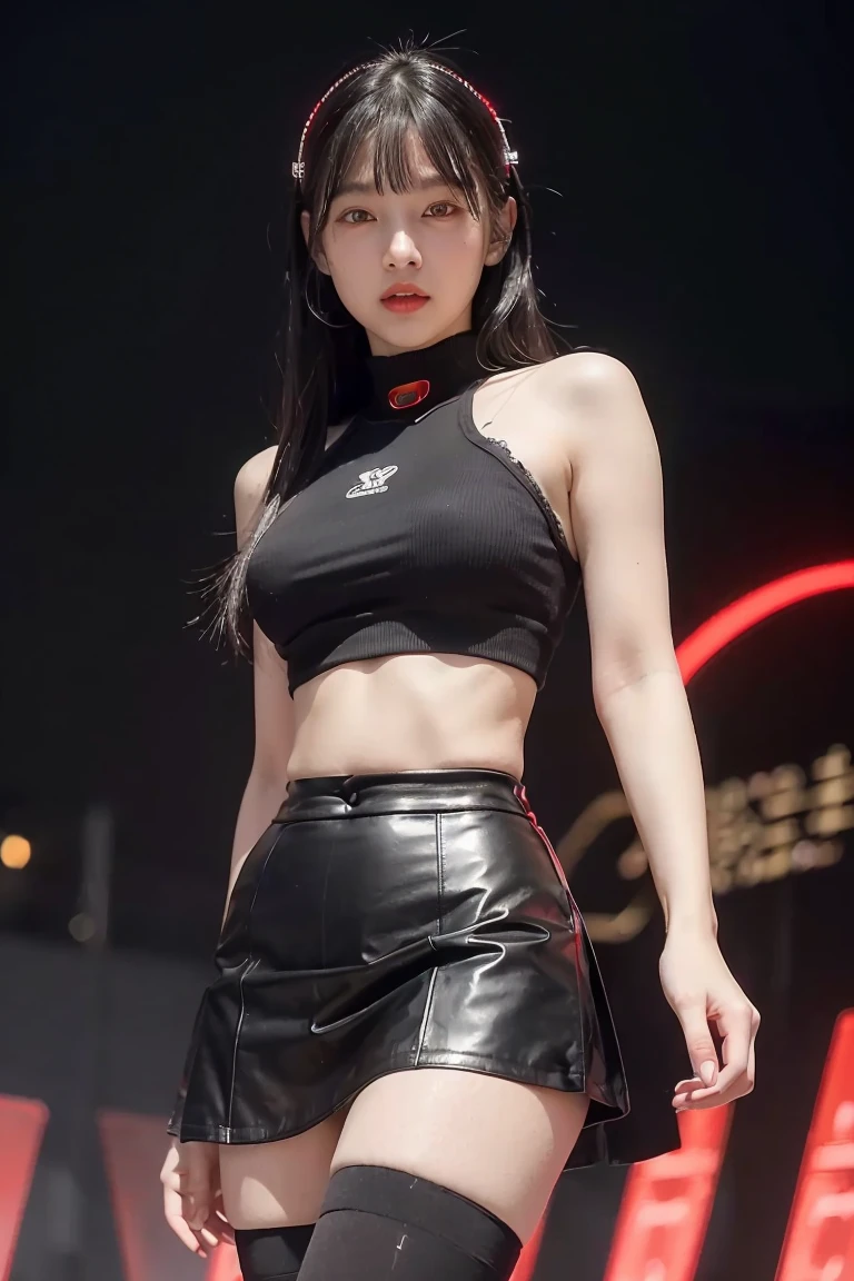(finely detailed beautiful Red Eyes and detailed face,masterpiece sidelighting,masterpiece,best quality,detailed,High resolution illustrations),(urban tech wear, Cybernetic background, sunshine city),(1 Girl,whole body,beautiful girl,Glowing skin,look down,Looking at the audience),(Black Hair,Red Eyes,tights,tight leather skirt,Showing belly,No underwear)