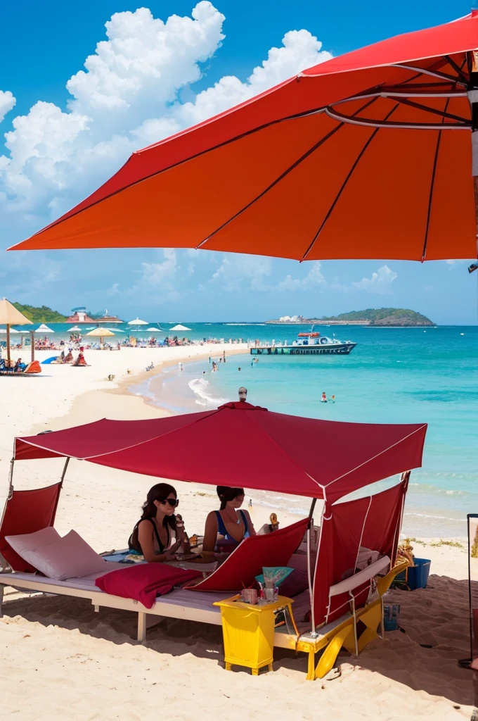 A bright, sunny day at a beach with clear blue skies. The scene includes a sandy beach with colorful beach umbrellas, gentle waves, and a vibrant atmosphere. A red seaplane inspired by the movie "Porco Rosso" is floating on the water, slightly off to the side. The overall mood is refreshing and cheerful, capturing the essence of a perfect beach day with a touch of adventure from the iconic red seaplane.