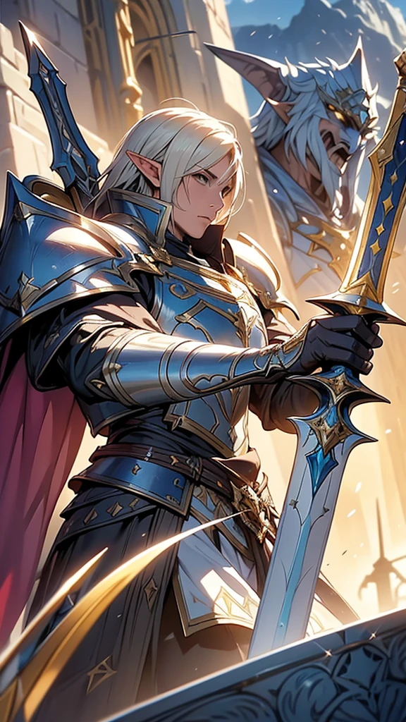 a close up of a person with a sword and a shield, concept art by senior character artist, pixiv, fantasy art, a human male paladin, with large sword, from pathfinder, male paladin, cleric, elf knight, with leviathan axe, gold paladin, final fantasy tactics character, fantasy knight, fantasy paladin, brandishing halberd