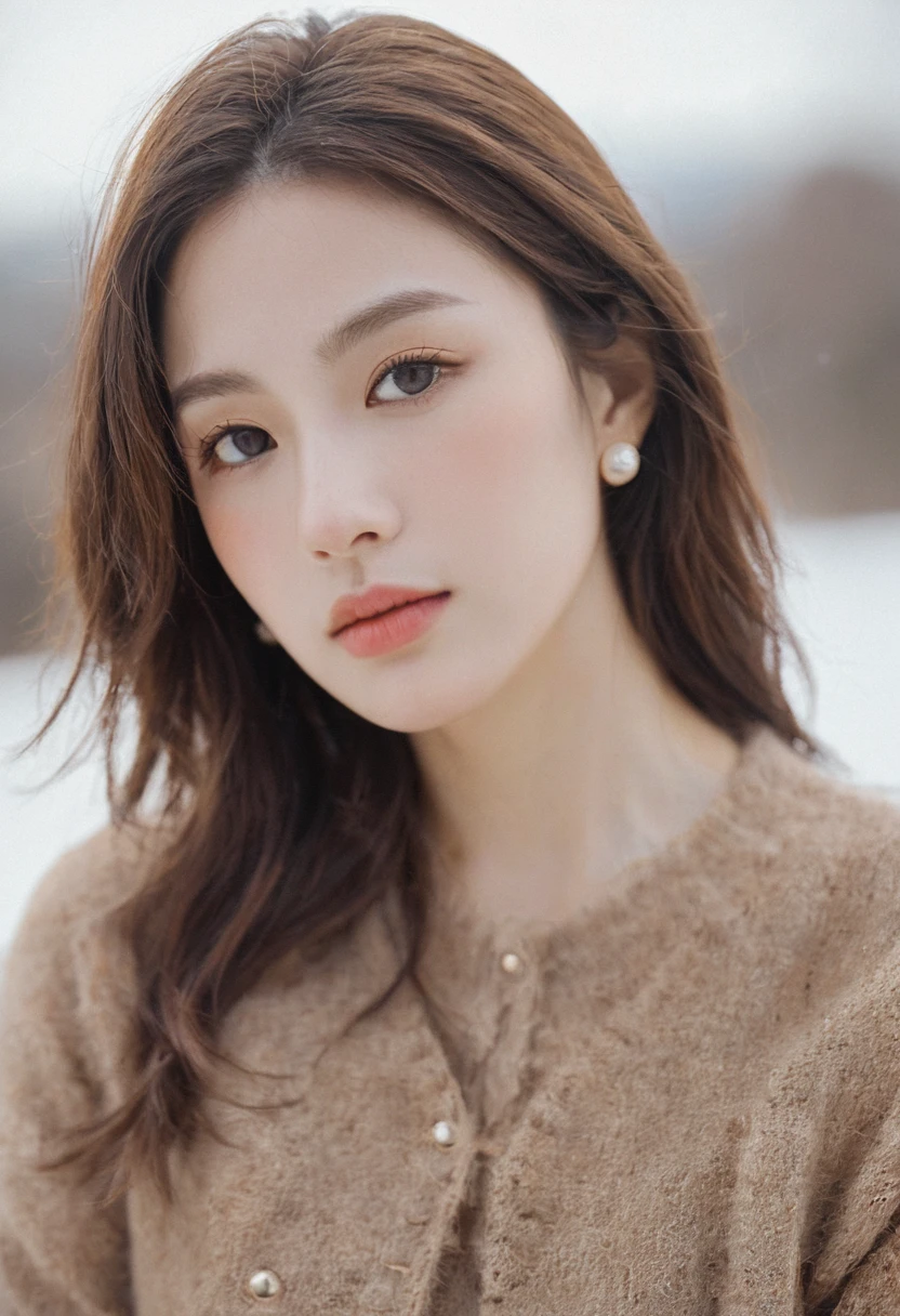 xxmixgirl, Analog Style, Eye focus, Highest quality, (Very detailed skin), Exquisitely beautiful white skin photos, 21 years old, Perfect Face, Captivating eyes, (Seductive makeup: 1.3), Skin pores, (Bokeh:1.5), Sharp focus, Dappled Lighting, (Backlight), Film Grain, (Very detailed, Exquisitely crafted), 8K, High resolution, Front view, Studio Light, Very detailed顔, Fine grain, (double eyelid: 1.4), Aristogle, Brown eyes, (commercial: 1.6), (Seductive makeup), ((White studio background))