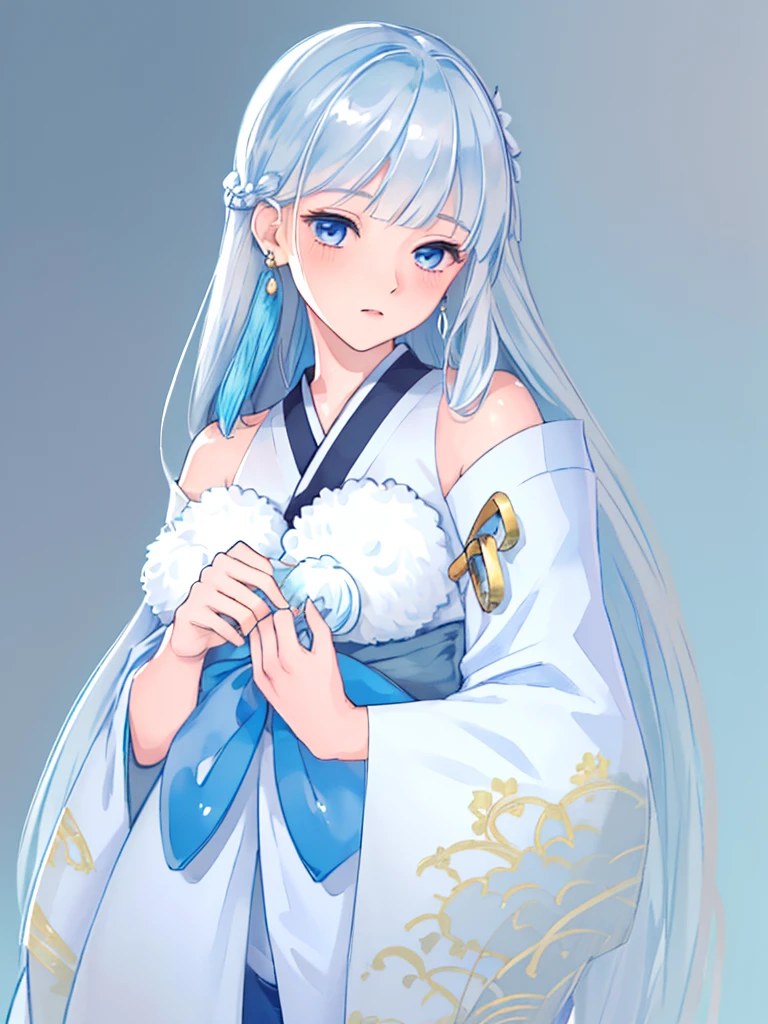 (masterpiece, top quality, best quality, official art, beautiful and aesthetic:1.2),highest detailed , 8k photo quality,((ultra-detailed)), (highly detailed CG illustration), ((an extremely delicate and beautiful)) , Yuki Onna, 1girl, japanese kimono, bare shoulder, light blue hair, extremely long hair, blue eyes, hair ornament, blue ribbon, blue earring, medium chest