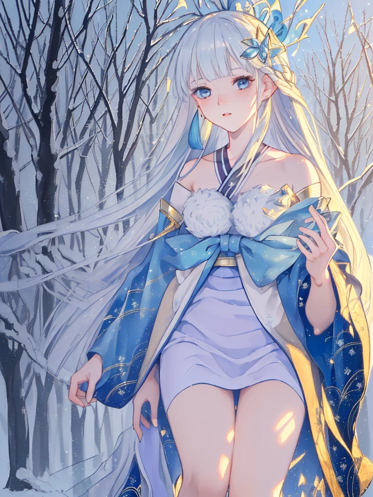 (masterpiece, top quality, best quality, official art, beautiful and aesthetic:1.2),highest detailed , 8k photo quality,((ultra-detailed)), (highly detailed CG illustration), ((an extremely delicate and beautiful)) , Yuki Onna, 1girl, japanese kimono, bare shoulder, light blue hair, extremely long hair, blue eyes, hair ornament, blue ribbon, blue earring, medium chest