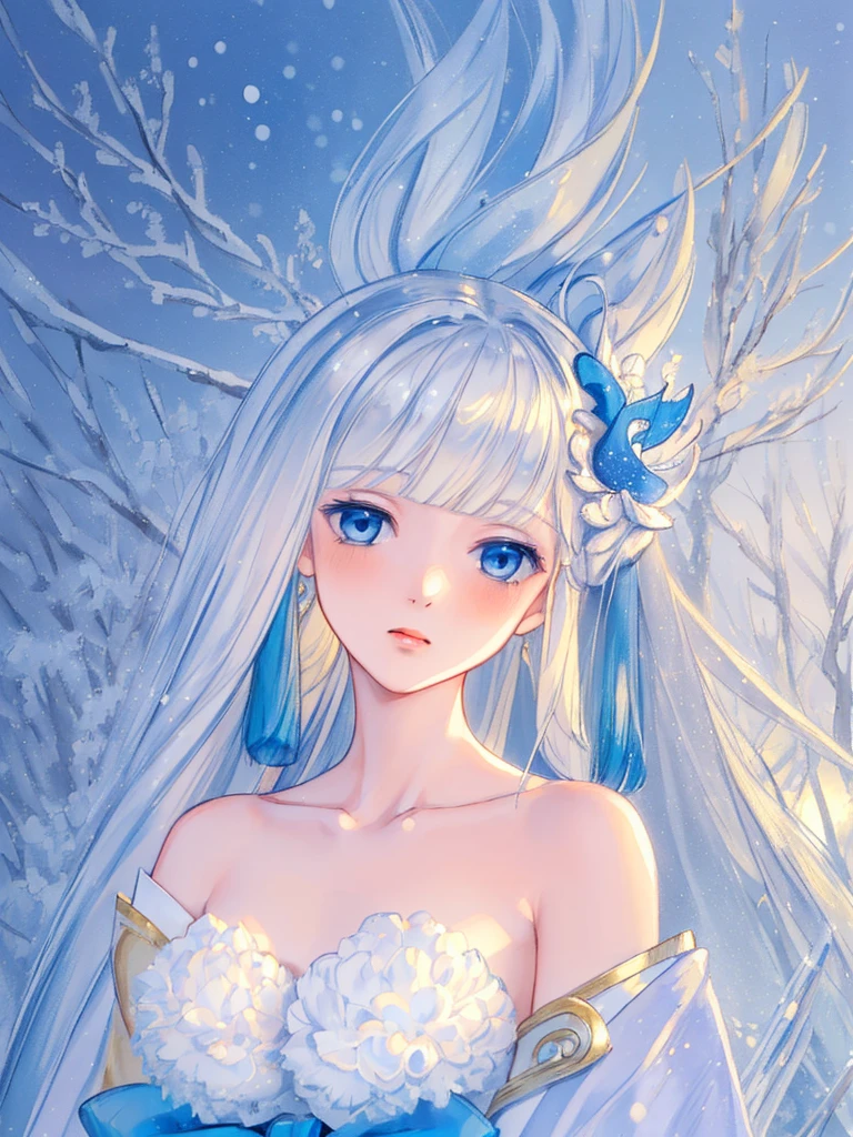 (masterpiece, top quality, best quality, official art, beautiful and aesthetic:1.2),highest detailed , 8k photo quality,((ultra-detailed)), (highly detailed CG illustration), ((an extremely delicate and beautiful)) , Yuki Onna, 1girl, japanese kimono, bare shoulder, light blue hair, extremely long hair, blue eyes, hair ornament, blue ribbon, blue earring, medium chest