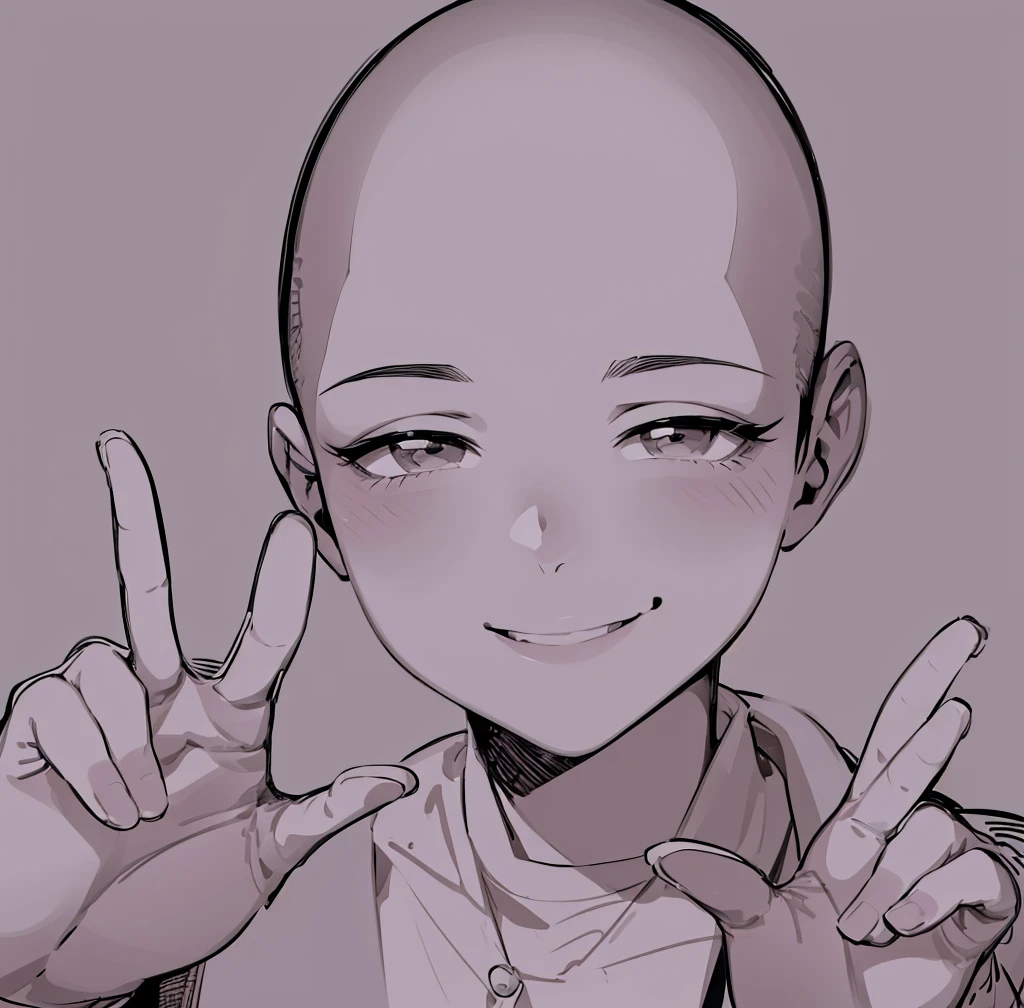 drawing of a bald man with a smile on his face, detailed anime soft face, portrait of pretty man, flat anime style shading, clean anime outlines, elegant smiling pose, ((wink smile expression)), face anime portrait, attractive, high detailed face anime, detailed anime face, dramatic smiling pose, seinen manga portrait, anime style portrait, peace pose, peace sign, two fingers gesture