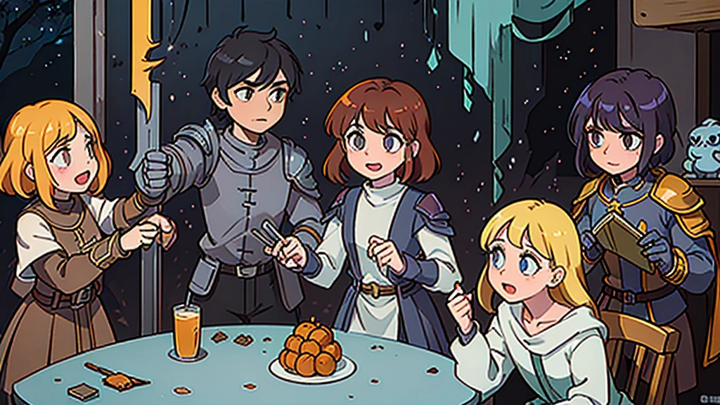 a knight, a ranger, a cleric, and a wizard exploring through a dungeon, fighting goblins and skeleton monsters