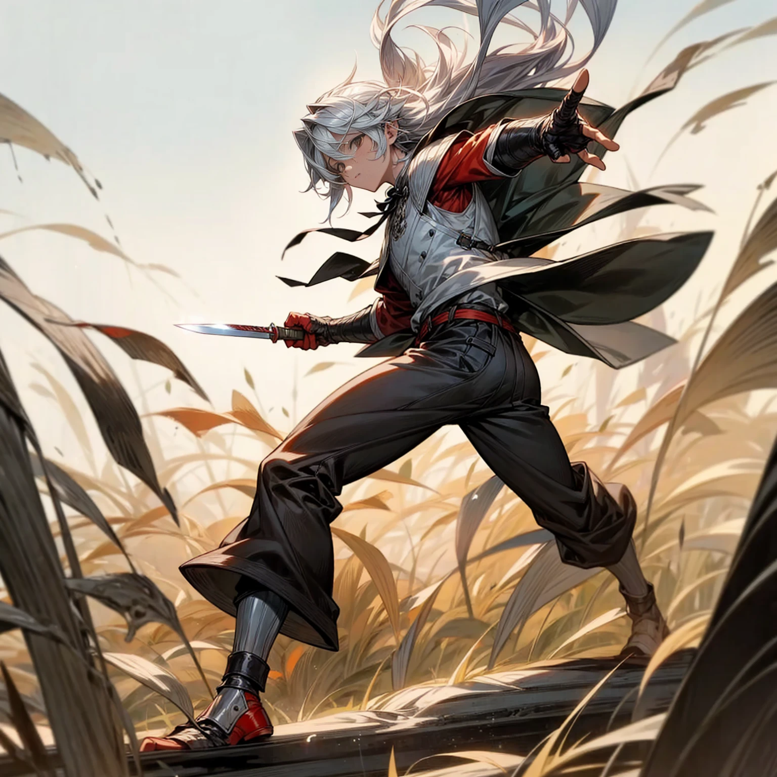 1boy, Full body version, 1character, black eyes color, milk skin, long hairstyle, monolod eyes type, silver colour hair, muscle, Assassin clothing style, red color clothing, black pants, white scraf, Ancient roman boots, vest armors, dagger knife in hand, Grassroots background in field villager, motion blur, battle gesture, lighting morning, sunlight, smoke, plasma, bloody background, fire, lighting knife 
