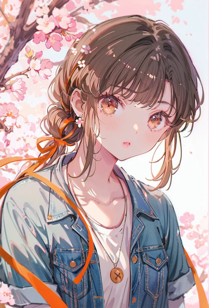 Girl, long brown hair, brown eyes, sharp features, white skin, pink lips, perfect, t-shirt, denim jacket
